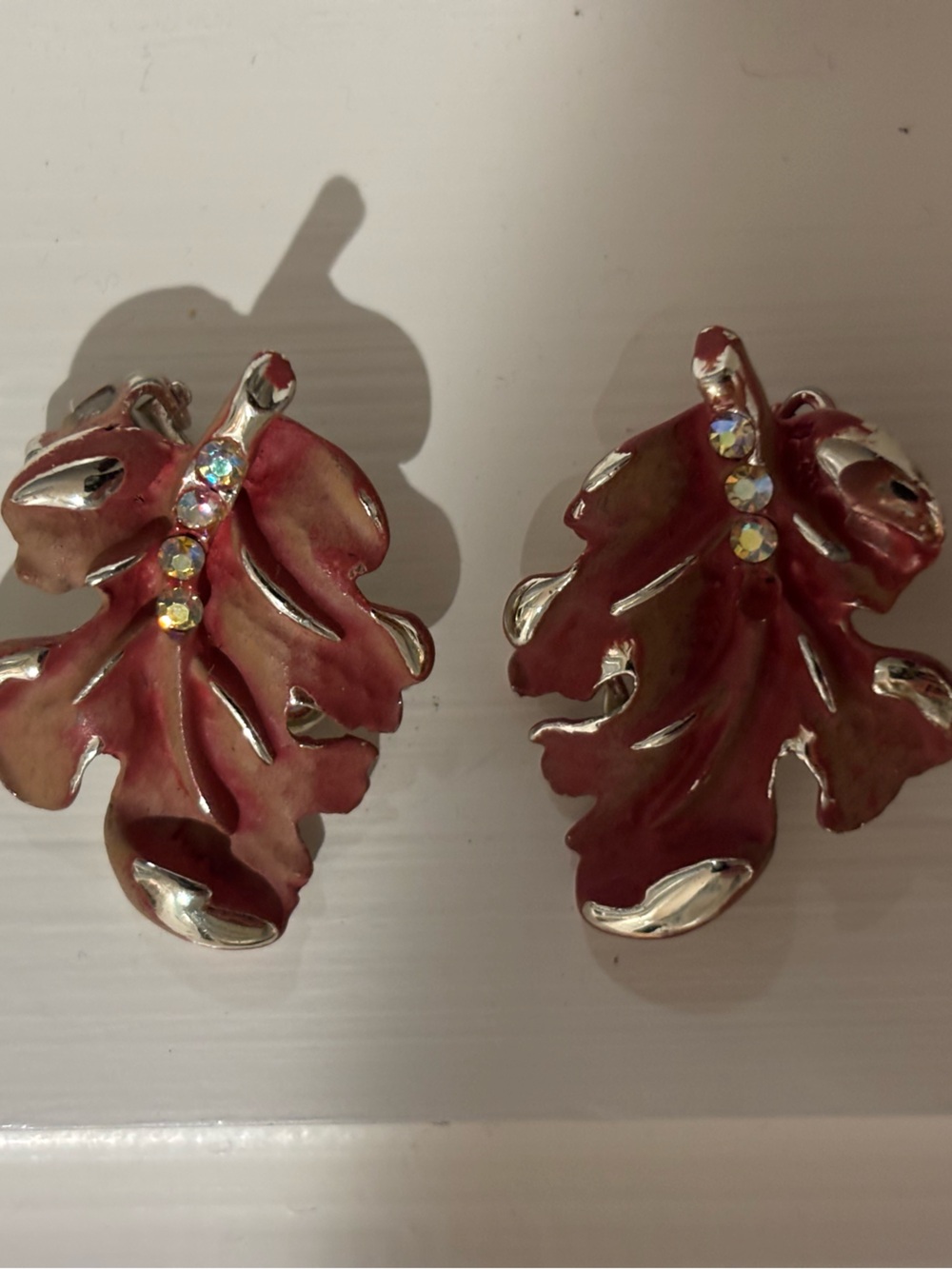 Vintage Clip On Leaf Earrings with Crystal Accents